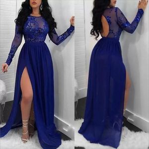 Sexy Royal Blue Appliques Avondjurken Lange mouwen Chiffon Mermaid Prom jurk Side Split Evening Jurken Backless Sequins Jewel juweel