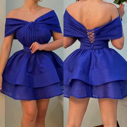 Sexy königsblaues Cocktailkleid mit schulterfreien Falten, kurzes Ballkleid mit Schnürung am Rücken, Mini-Party-Heimkehr-Kleid für besondere Anlässe