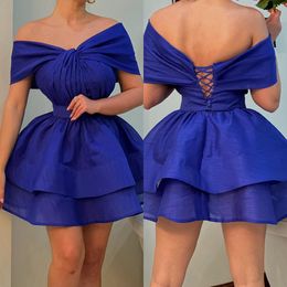 Robe de cocktail bleu royal sexy avec plis à l'épaule Robes de bal courtes à lacets dans le dos