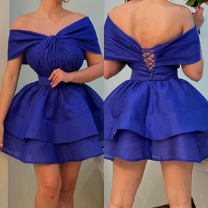 Sexy königsblaues Cocktailkleid mit schulterfreien Falten, kurzes Ballkleid mit Schnürung am Rücken, Mini-Party-Heimkehr-Kleid für besondere Anlässe