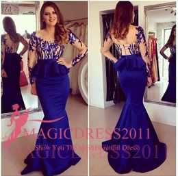 Sexy Royal Blue Avondjurken Sheer Hals Lange Formele Prom Jurken 2019 Gelegenheid Jurken Mermaid Jewel Lange Mouw Peplum Party Celebrity