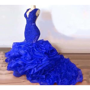 Sexy Royal Blue Mermaid -jurken Tiered Organza V Neck Custom Made Long Evening Jurets For Women Formal Dress Prom