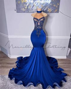 Sexy Royal Blue Mermaid Prom jurk voor zwarte meisjes fluweel halter kralen vloer lengte aso ebi formele kleding feestjurken gewaad de bal custom made made