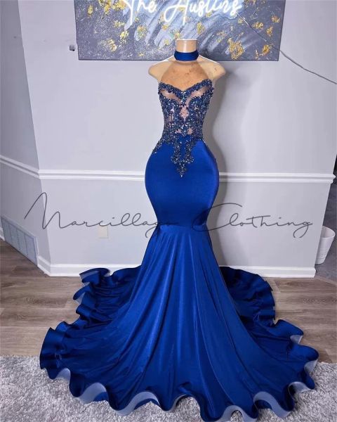 Robe de bal sexy bleu royal sirène pour filles noires velours licou perles longueur de plancher Aso Ebi robe formelle robes de soirée robe de bal sur mesure