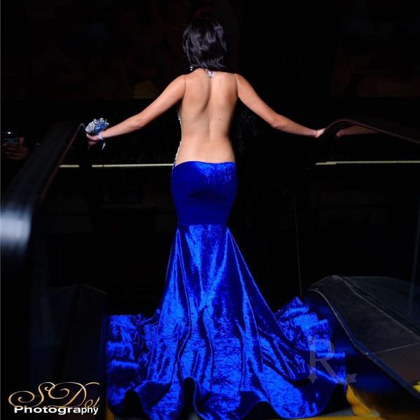 Sexy bleu Royal sirène robes De bal 2023 velours dos nu sans manches Appliques perles robes De fête D'anniversaire Robe De Bal