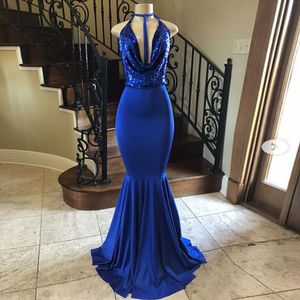 Sexy bleu royal sirène robes de bal col en V profond paillettes Satin étage longueur dos nu robes de soirée robes de soirée