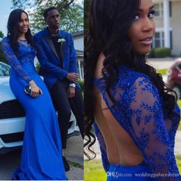 Sexy Royal Blue Mermaid Prom Jewel Juweel kralen Chiffon Sheer Black Girl Pageant Jurken Formele avondjurken Robe de Soire