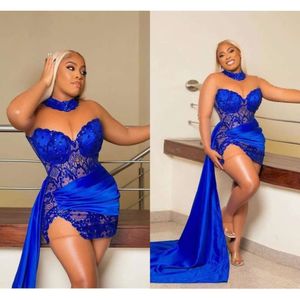 Sexy Royal Blue Short Prom Dresses African Plus Size Sheer Long Sheeves avondjurken Satin Sweep Train High Low Formal Party Dress 2023