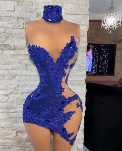 Sexy Royal Blue Short Prom -jurken kant kralen kristal pailletten avondjurken voor zwarte meisjes Afrikaans verjaardagsfeestje slijtage