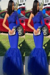 Robes de demoiselle d'honneur de bal sud-africaines sexy bleu royal 2020 sirène une épaule avec manches longues en dentelle pas cher soirée formelle Pagean5068797