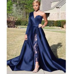 Sexy Koningsblauw Split Lace Avondjurken jumpsuits broekpak Celebrity Afrikaanse Arabische Dubai Party Prom Jurken Toga Formele Gewaad 246I