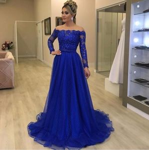 Sexy Royal New Blue A Line Formal Prom Dresses Bateau Neck Lace Tule Illusion Zipper Back Pageant Sweep Train Evening Jurk