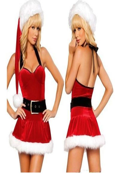 Sexy Santa Claus Disfraces de mujeres Red Halter Dress Girl Holiday Christmas Party Carnival Stage Vestido de cosplay4669473
