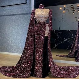 Sexy Sarkly Borgoundy Sequined Mermaid Prom Dresses 2021 con mangas largas Barrido frontal Sweing Train Formal Evening Ocasions 233Z