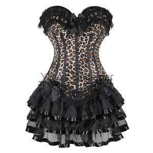 Sexy satijnen kant luipaard overbust corset lingerie top vintage bustier met mini tutu rok Victoriaanse gestreepte korset jurken x0823