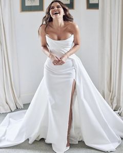 Robe De mariée longue en Satin, Sexy, avec traîne détachable, fente en cœur, personnalisée, 2024
