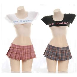 Sexy Schoolmeisje Uniformen Ondeugende Lingerie Plaid Plooien Halve Borst Ja Papa Brief Print Tops Erotische Cosplay Mini Rok voor Sex278N