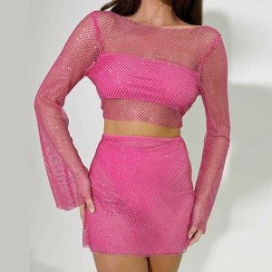 Sexy See Dress Through Mesh Top met lange mouwen en rokpak Vrouwelijke lentemode