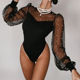 Sexy doorzichtige kralen bodysuits dames mesh patchwork lange mouwen zwarte jumpsuit club feest elegante mode strakke basis top 231227