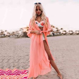 Sexy See Through Bikini Cover-ups Pink Chiffon Tuniek Lange Kimono Dames Zomer Wrap Jurk Beach Wear Swimsuit Cover Up Q1256 210420