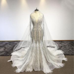 Sexy Voir À Travers Cristal Perlé Mermiad Robe De Mariée Avec Des Plumes De Luxe Scintillant Plus La Taille Dubaï Robe De Mariée Sur Mesure Made262y