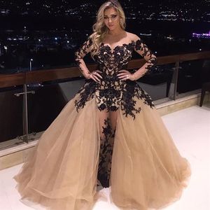 Sexy voir à travers des robes tenues de soirée avec des manches longues en dentelle noire appliques froncé champagne tulle plus la taille Zuhair Murad formelle 265Q