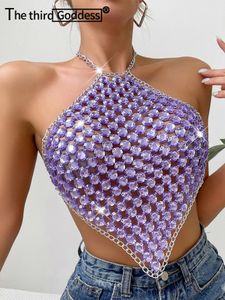 Sexy Ver a través de Metal Rhinestone Crop Top Women Summer Y2K Streetwear Tops Club Beach Fiest Halter Top Rave Outfits 240416