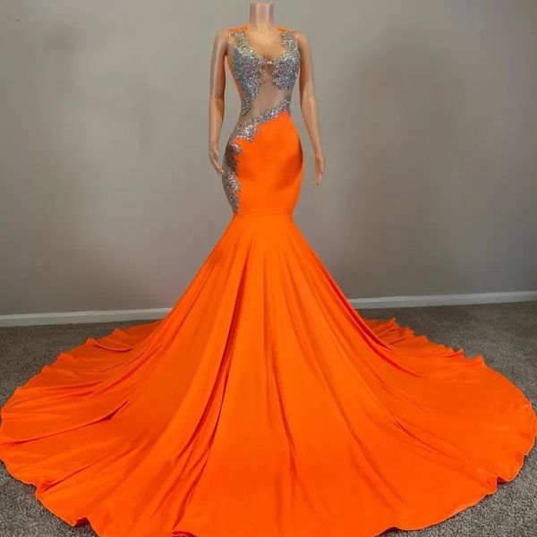 Sexy ver a través de vestidos de fiesta de color naranja para mujeres africanas Sheer Neck Lentejuelas Chicas negras Vestidos de noche de sirena Vestidos De Fiesta 322