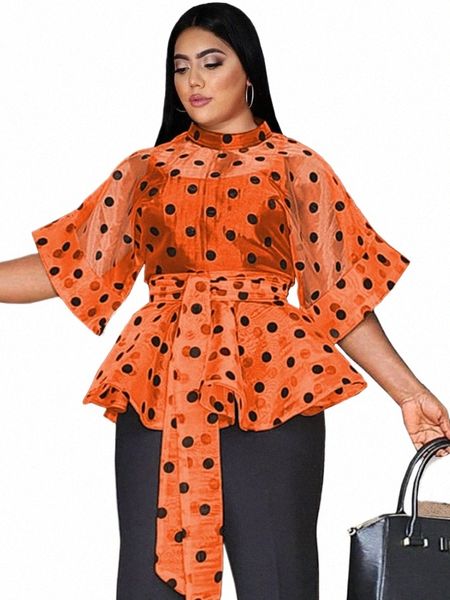 Sexy Voir à travers Tops 3/4 Manches Noir Polka Dot Organze Blanc Orange Femmes Blouse Soirée Plus Taille Chemise Tops avec Ceinture O9eF #