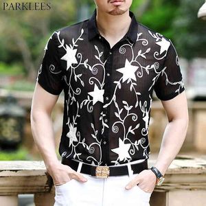 Sexy See-through Transparent Shirt Mannen Luxe Ster Borduurwerk Kant Sheer Shirts Party Club Sociaal Shirt voor Mannen Chemise 3XL 210522