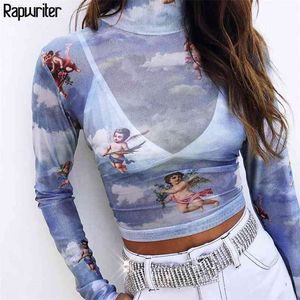 Sexy See Through Coltleneck Angle Print Mesh Crop T-shirt Vrouwelijke Skinny Streetwear Basic Tops for Women Shirt 210510