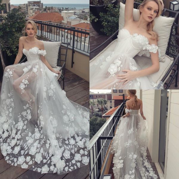 Vestidos de novia transparentes sexy Cariño Apliques florales en 3D Vestidos de boda románticos en la playa Deshuesado expuesto Un hombro túnicas de mari￩e