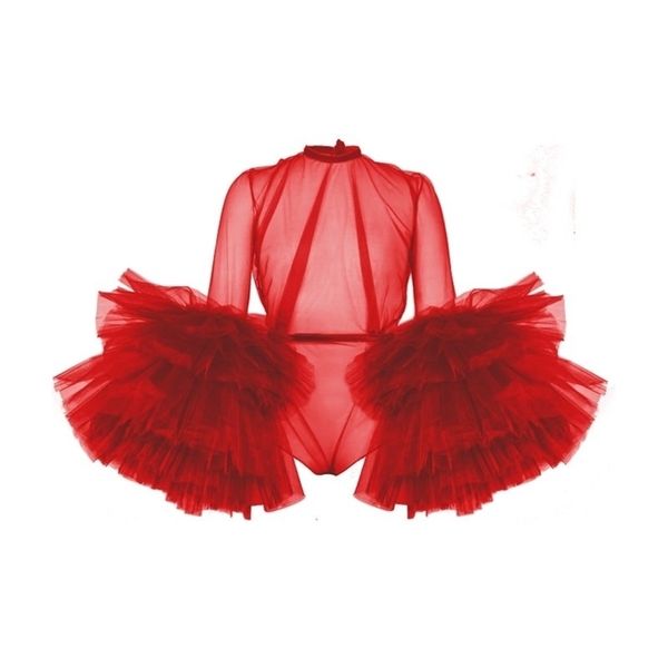 Sexy See Thru Red Femmes Combinaison avec Puffy Full Manches Volants Tiered Tulle Rompers Femmes 210323
