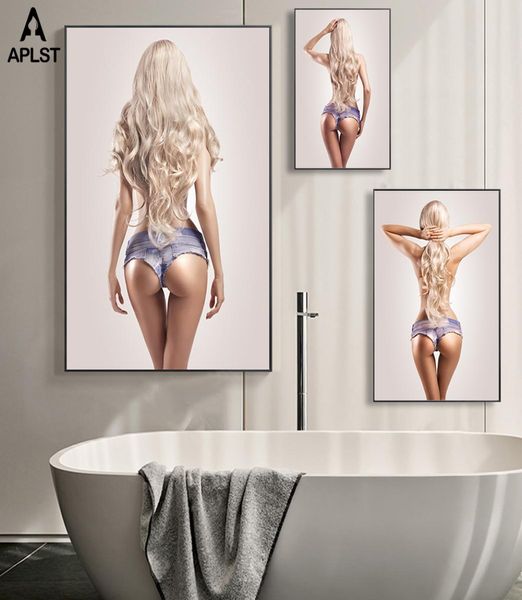 Pósteres e impresiones en lienzo de mujeres rubias desnudas semidesnudas, pinturas de pared para niñas, arte figurativo para baño y sala de estar 8525915