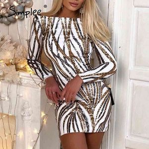 Sexy Sequin Gold dos nu rayure ras du cou slim manches longues robe Party night club robes pour femmes 210414