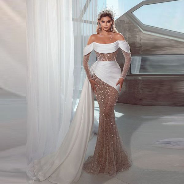 Robes de mariée sexy sirène à paillettes sur l'épaule robe de mariée à manches longues avec train détachable robes de mariée trompette en cristal
