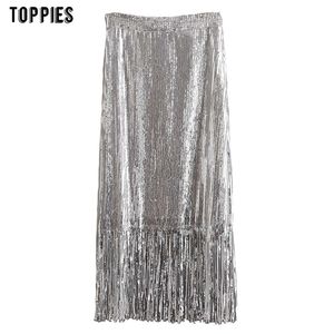 Sexy Sequin Midi Rokken Vrouw Hoge Taille Zilveren Tassel Jurk Vrouwelijke Streetwear 210421