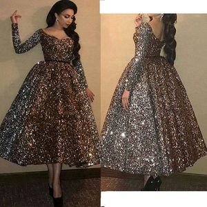 Sexy Lovertjes Arabische Lange Mouw Avondjurken Scoop Vestido de Festa Dames Prom Dress Formele Moslim feestjurk