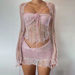 Sexy Suceater Sweater Vestidos de fiestas de suéter de 3 piezas Trajes para mujeres Flome Manga larga Mira a través de un vestido de ropa 240418