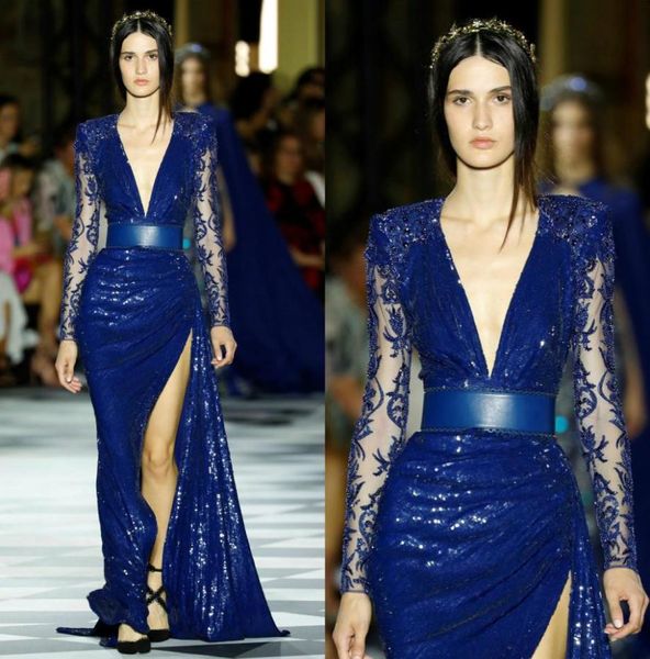 Robes de bal sexy sirène pailletées 2019 Zuhair Murad bleu manches longues perlées cuisse haute fentes robe de cocktail de soirée robes de so6465540