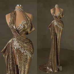 Robe De bal Sexy à paillettes avec perles, sans manches, robes De soirée De luxe, sur mesure, col licou, en cristal, fendue sur le côté