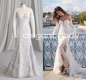 Robe de mariée sexy à paillettes avec manches longues détachables jupe superposée perlée chérie dentelle appliques sirène robes de mariée