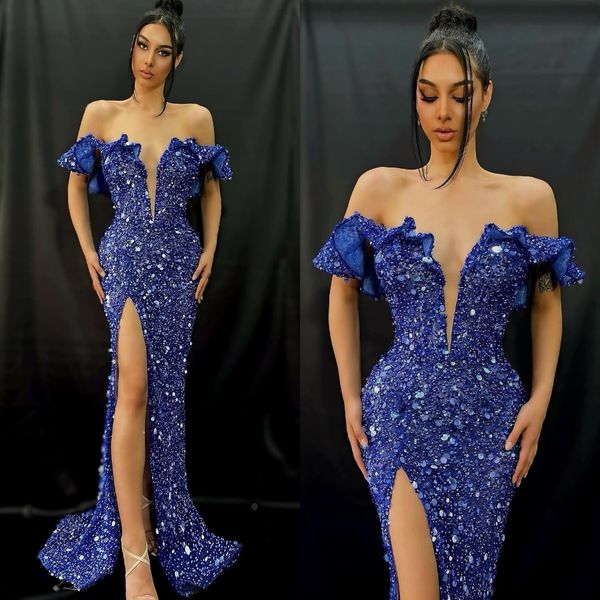 Sexy Paillettes Robes De Bal Royal Bleu Hors Épaule Robes De Soirée Fente Semi Formelle Tapis Rouge Longue Robe Occasion Spéciale