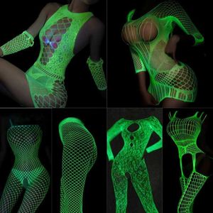 Sexy Set 12 Stijlen Glow In The Dark Visnet Bodysuit Vrouwen Sexy Open Kruis Bodystockings Hot Pole D Party Club Lichtgevende Sex ClothesL240122