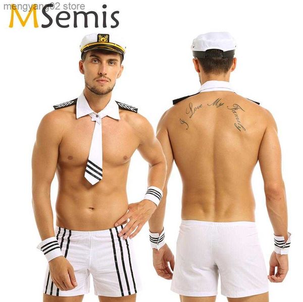 Conjunto sexy Hombres adultos Lencería Sexy Marinero Cosplay Viene Carnaval Uniforme azul marino Pantalones cortos con gorra Cuello Corbata Puños Cosplay Fiesta Ropa de dormir T230531