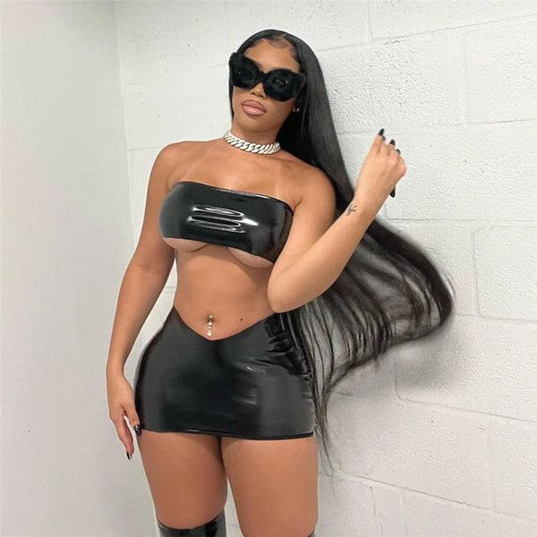 Ensemble sexy AIIOU femmes noir Faux cuir Sexy érotique bustier tubulaire et courtes Mini jupes ensemble Latex Catsuit Wetlook sous-vêtements intimes Lingerie 23115