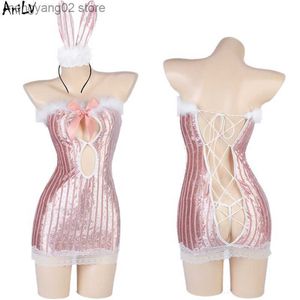 Sexy Set AniLV Sweet Candy Girl Pink Bling Shiny Bunny Dress Unifrom Mujeres Hollow Tube Top Furry Camisón Trajes Viene Cosplay T230531
