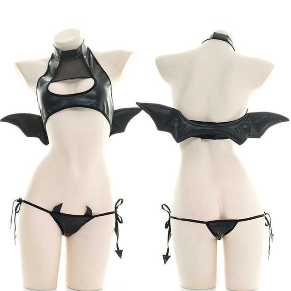 Sexy Set Anime Cosplay Costumes Sexy Demon Outfit Devil Wings Faux Cuir Unifrom Bikini Lolita Kawaii Bra and Panty Set Anime CosplayHKD230703