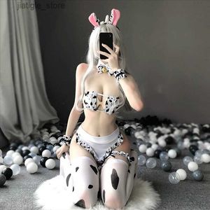 Ensemble sexy Anime Maid Lingerie Coupe Carrée Mini Soutien-Gorge G-string Tablier Bandeau Bas Bikini Femmes Érotique Lait Vache Cosplay Costume Y240329