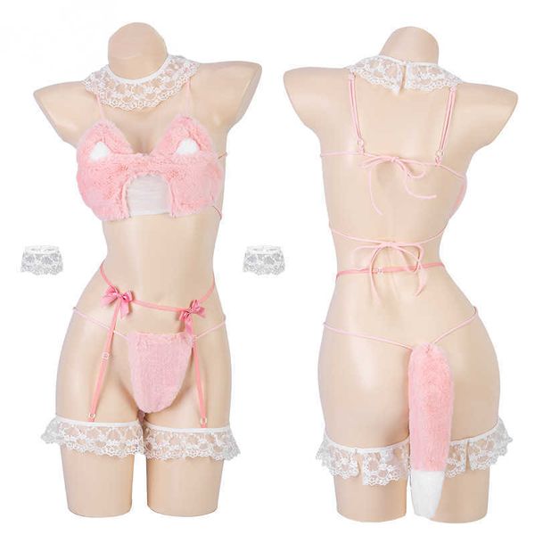 Sexy Set Anime Sweet Cat Girl Sling Tie Uniforme Sexo Mujeres Cosplay Felpa Sweety Bra Cat Tail T Pantalones Traje Ropa interior Disfraz de HalloweenHKD230703